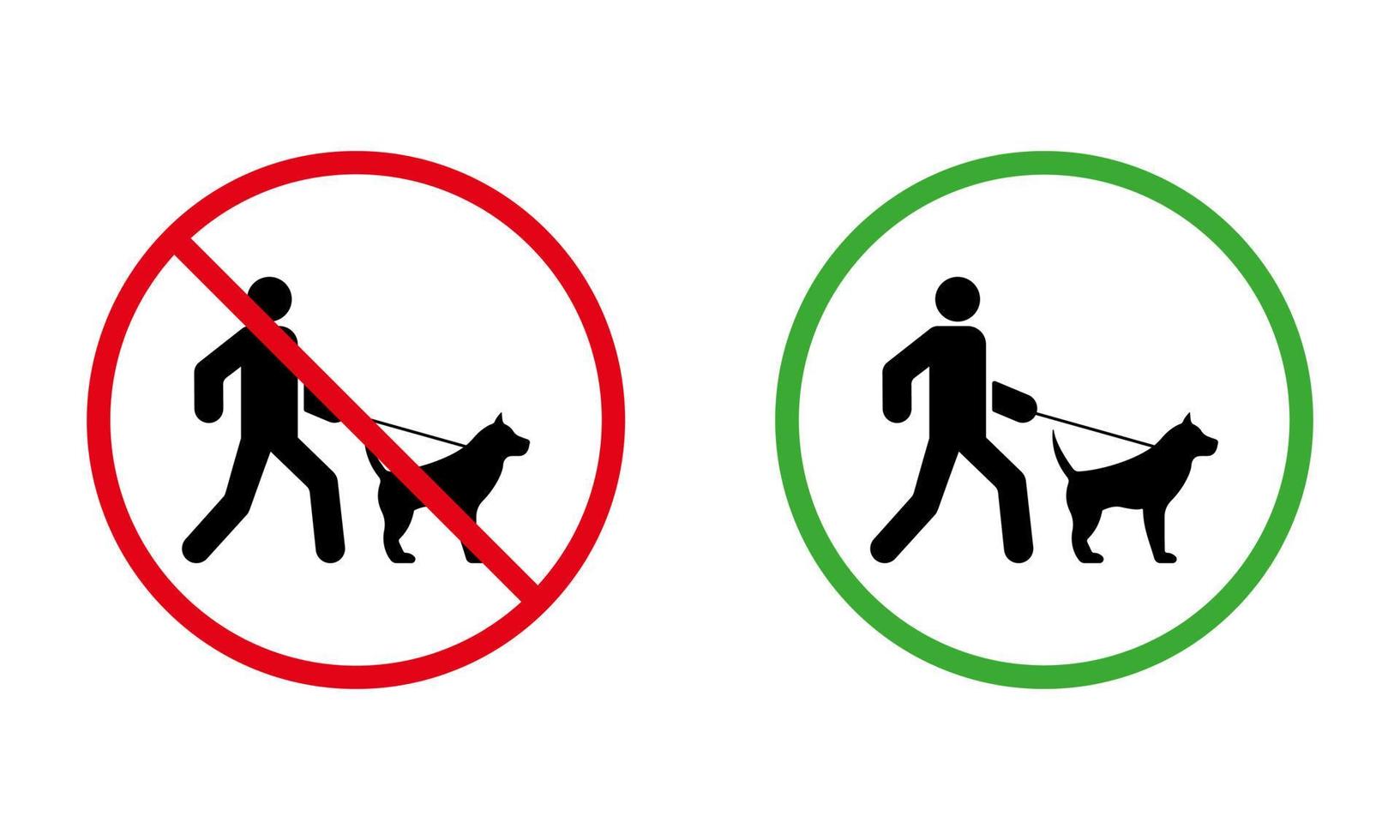 zona di divieto per l'icona della siluetta nera del cane da passeggio. pittogramma vietato camminare maschio e animale domestico al guinzaglio. vietare la passeggiata simbolo rosso del cerchio di arresto. consentire la passeggiata nell'area degli animali segno verde. illustrazione vettoriale isolata.