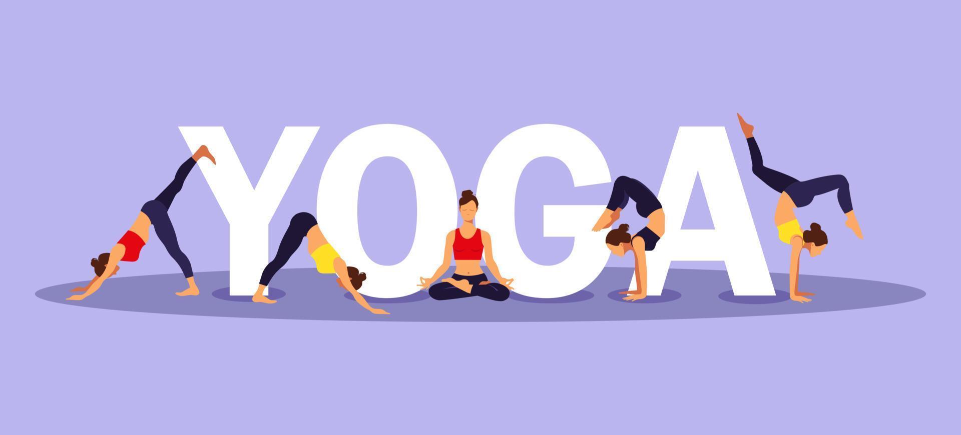 yoga pose.lezione di yoga. esercizio, stretching. formazione benessere in illustrazione vettoriale piatta