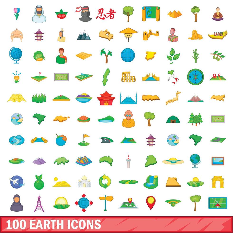 100 icone di terra impostate, stile cartone animato vettore