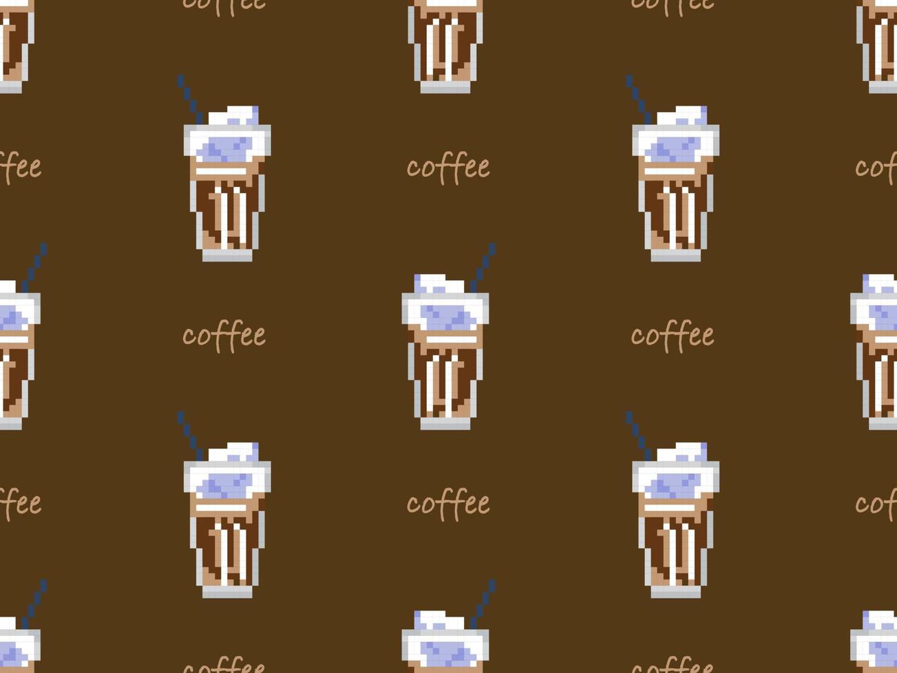 modello senza cuciture del personaggio dei cartoni animati del caffè su fondo marrone. stile pixel vettore