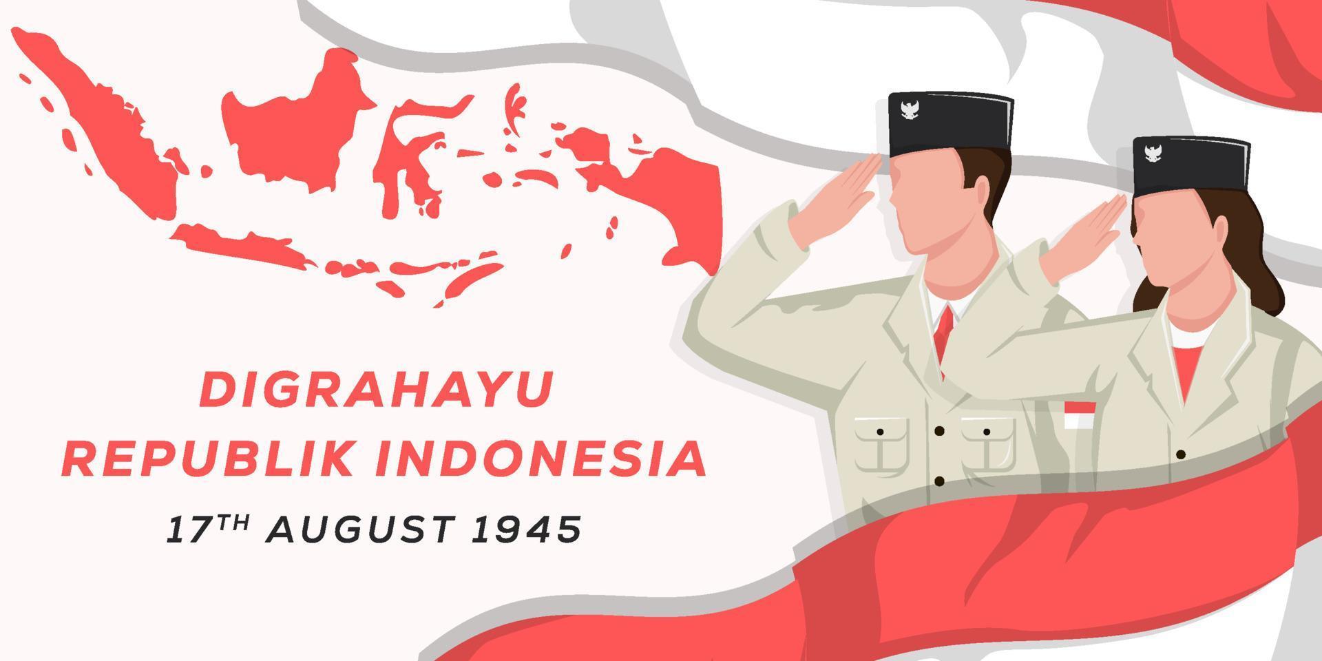 illustrazione piatta del fondo del giorno dell'indipendenza dell'indonesia 17 agosto con uomini e donne che salutano vettore