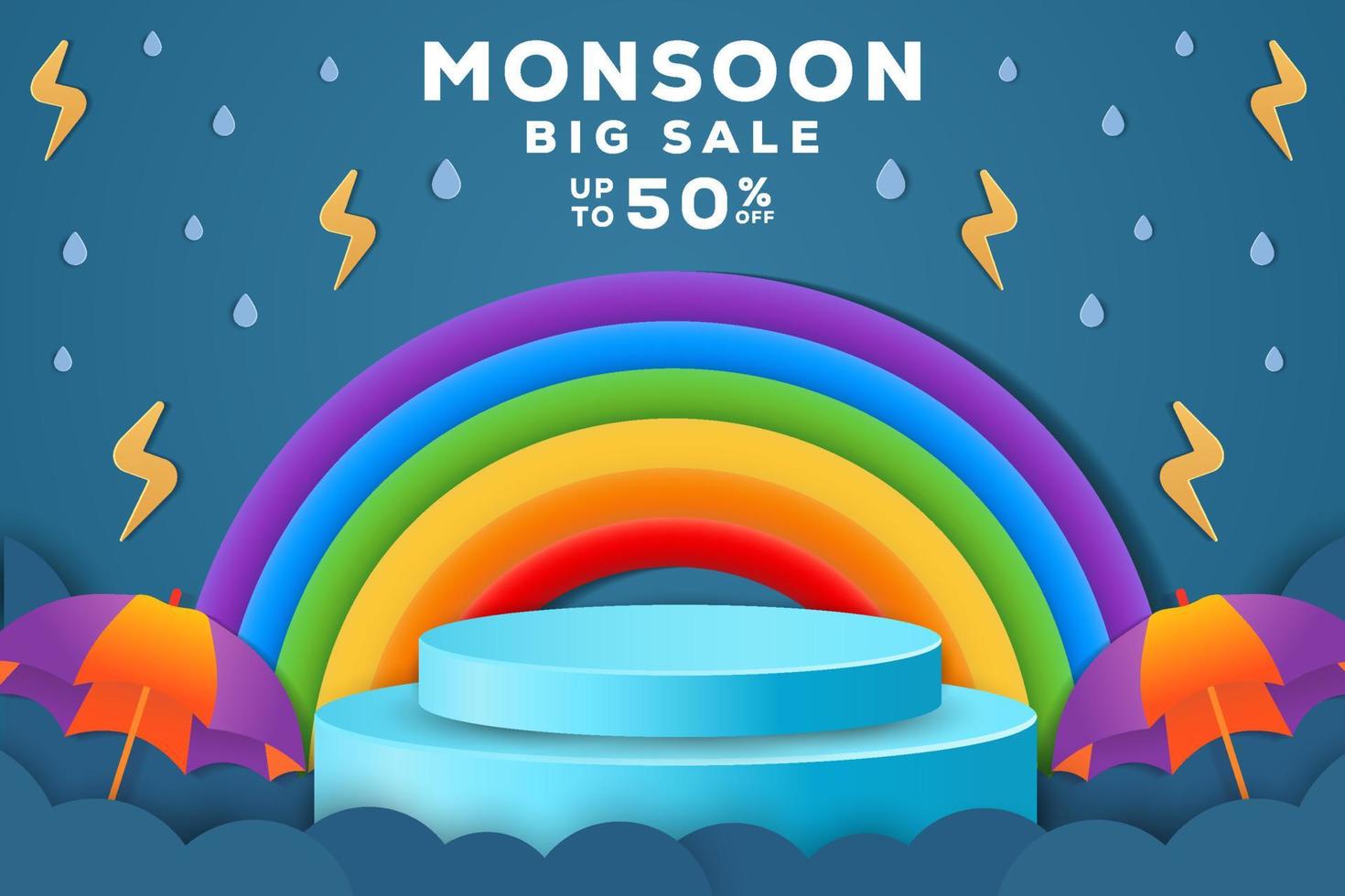 promozione del grande banner di vendita del monsone con un podio per i prodotti da esposizione vettore