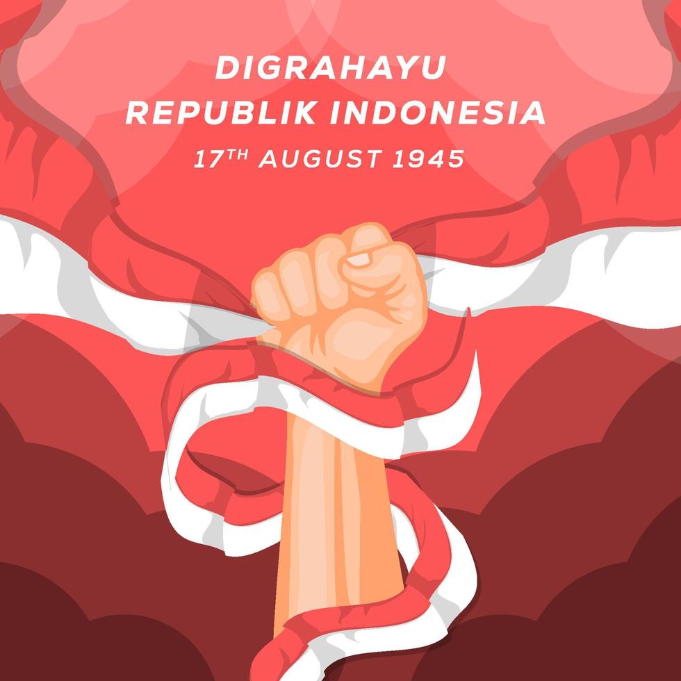 forte mano che tiene bandiera indonesiana. 17 agosto festa dell'indipendenza dell'Indonesia vettore