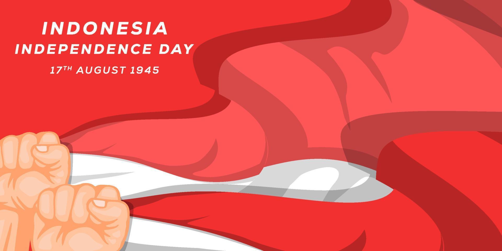 illustrazione del fondo del giorno dell'indipendenza dell'indonesia con due mani che tengono le bandiere indonesiane vettore