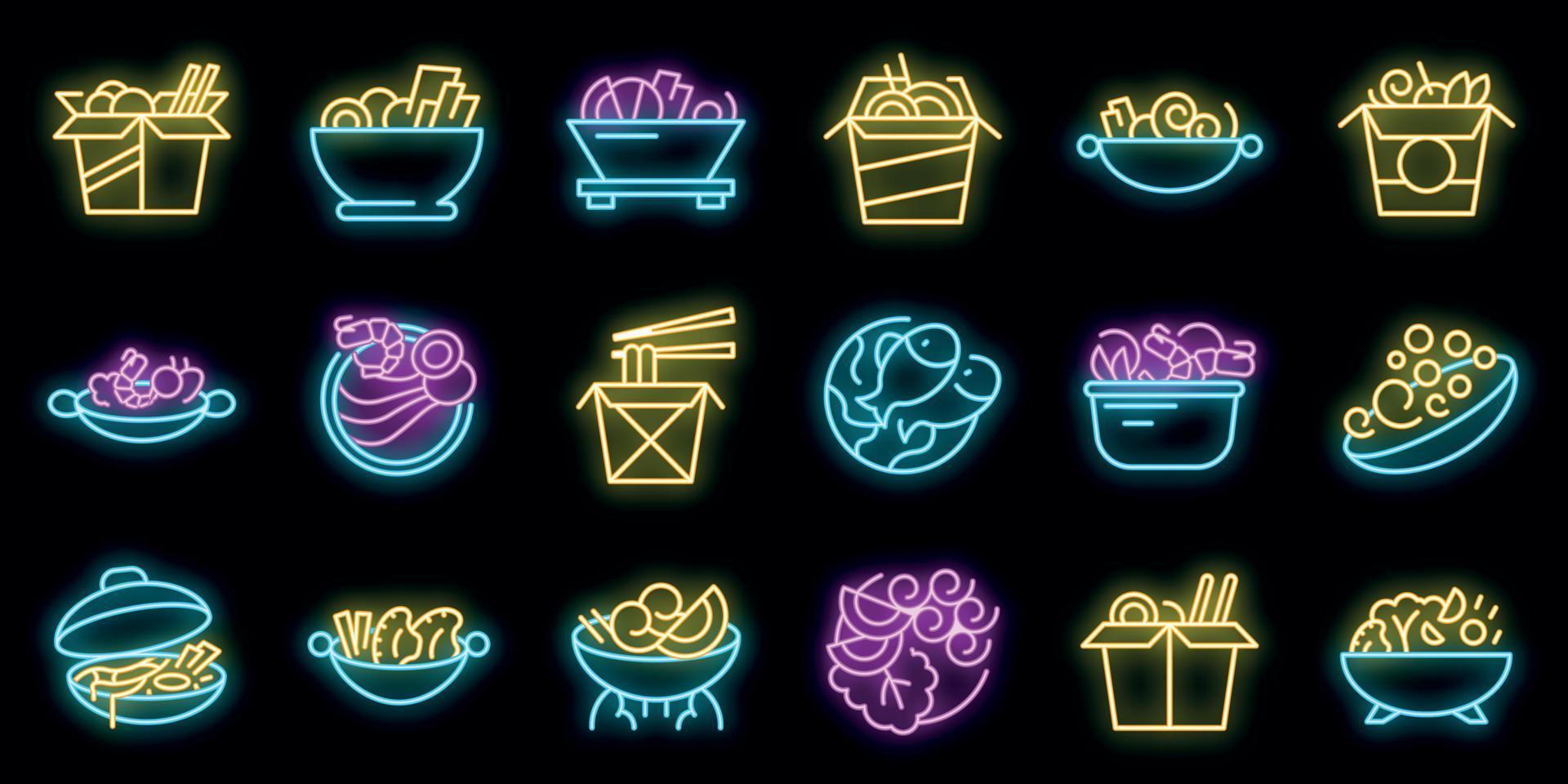 le icone del menu wok impostano il neon vettoriale