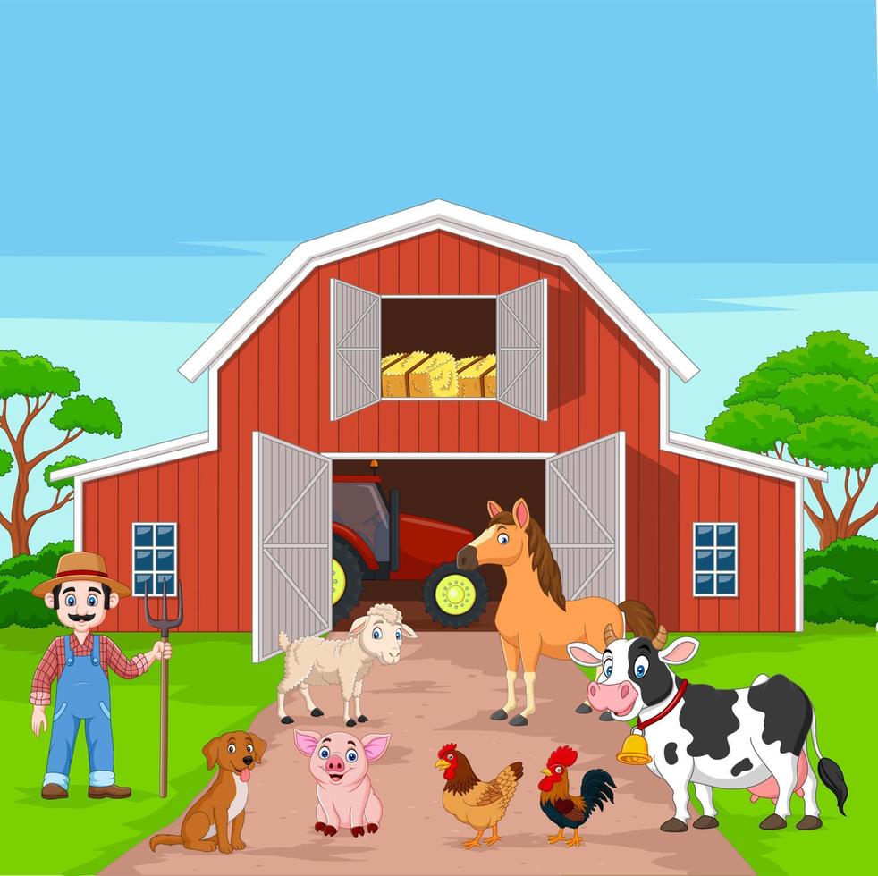 cartone animato contadino e animali da fattoria nell'aia vettore