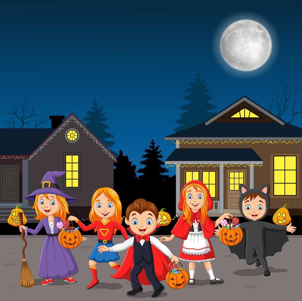 felice festa di halloween bambini che indossano costumi vettore