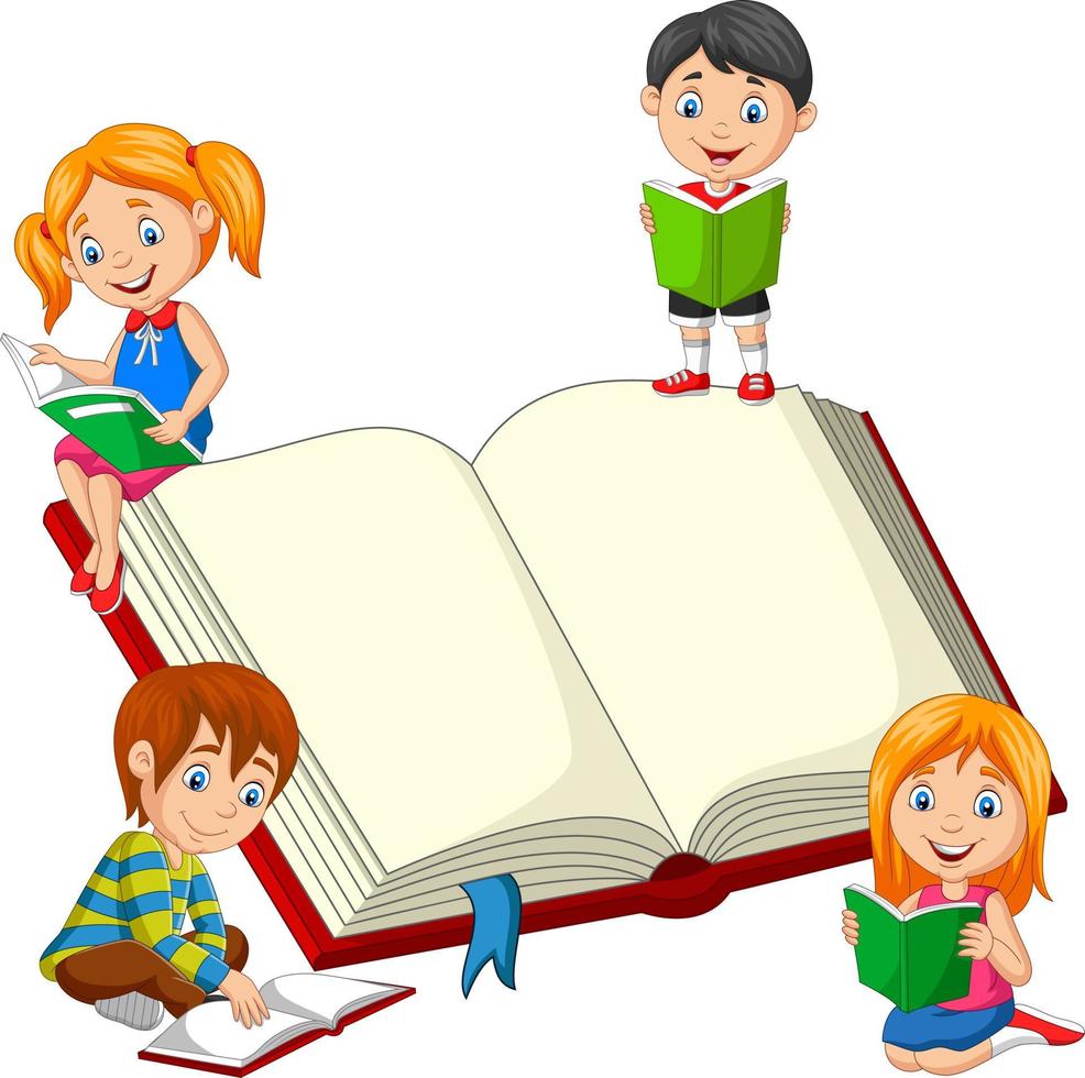 gruppo di bambini che leggono un libro vettore