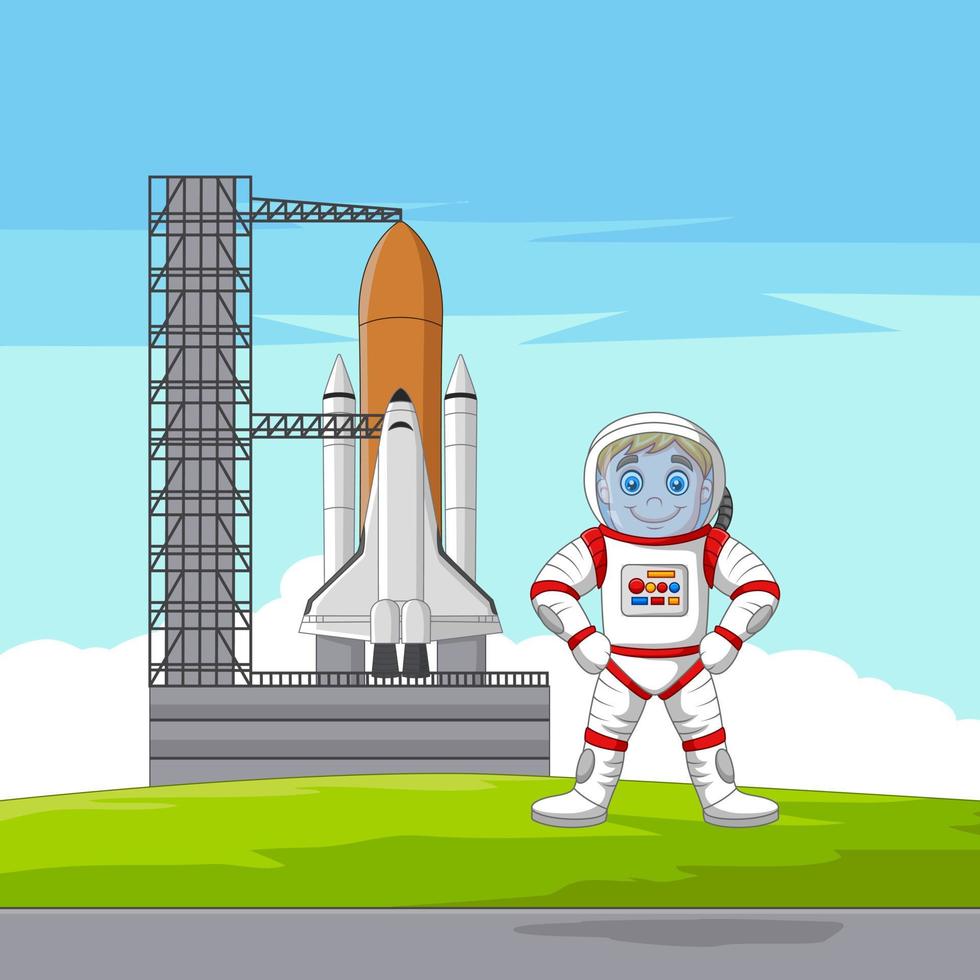astronauta cartone animato con astronave pronta per il lancio vettore