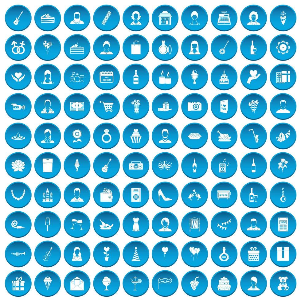 100 icone di compleanno impostate in blu vettore