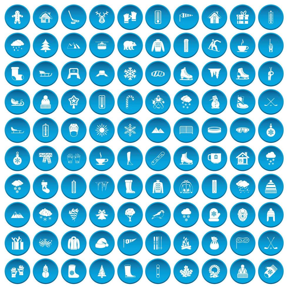 100 icone invernali impostate in blu vettore