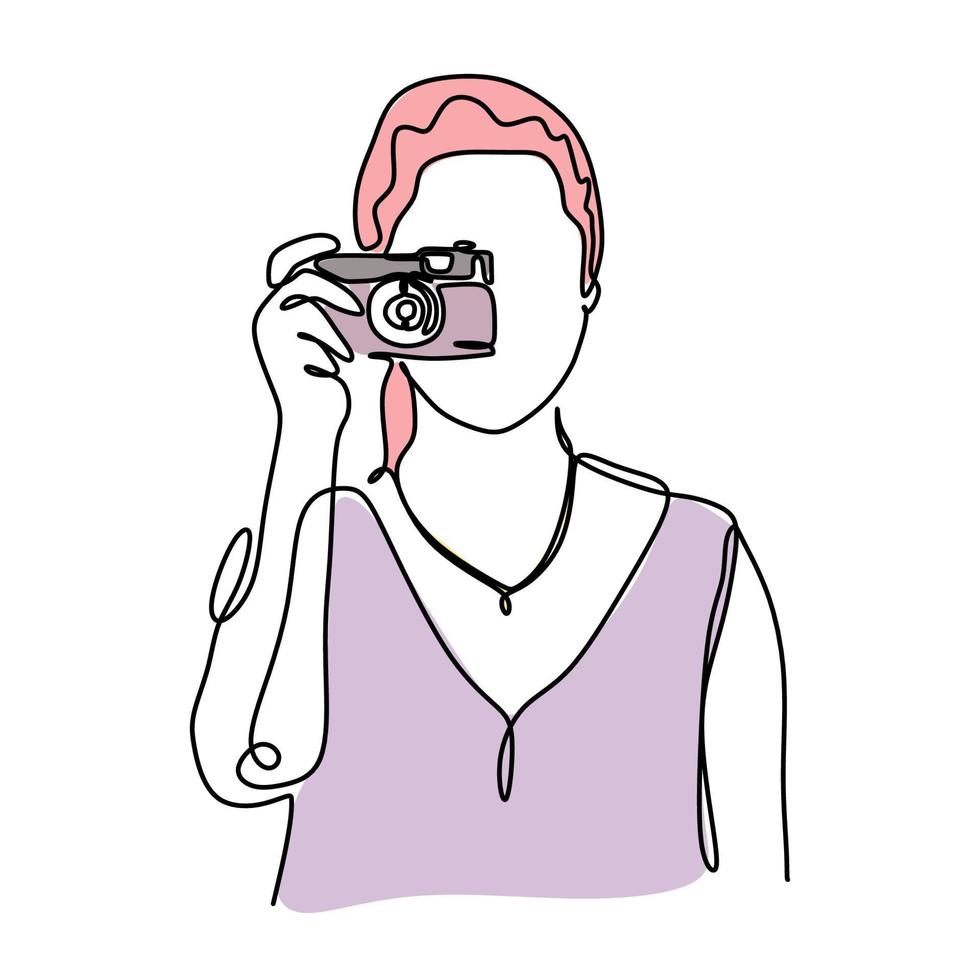 disegno continuo di una linea del ritratto della donna che tiene la fotocamera per scattare una foto. concetto di fotografo design minimalista con colori. vettore