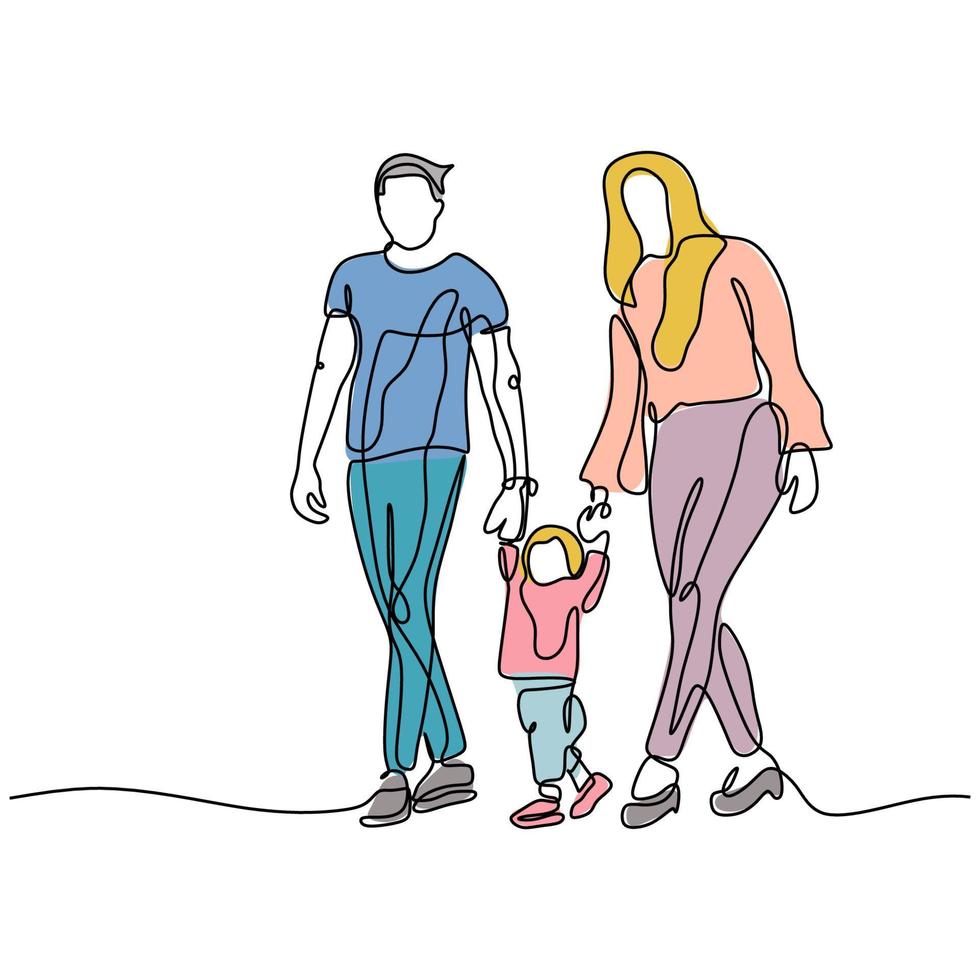 disegno continuo di una linea dei membri della famiglia di padre, madre e figlio. coppia felice con il minimalismo del bambino con i colori. vettore