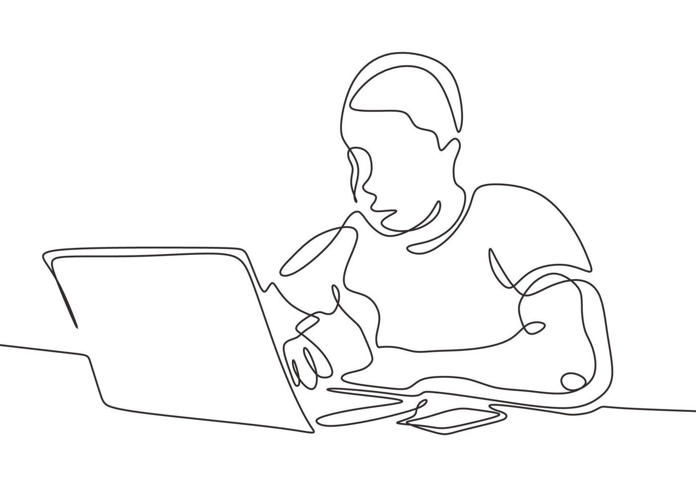 disegno continuo a una linea dell'uomo con il laptop. persona seduta e pensante. lavorare con il taccuino. vettore