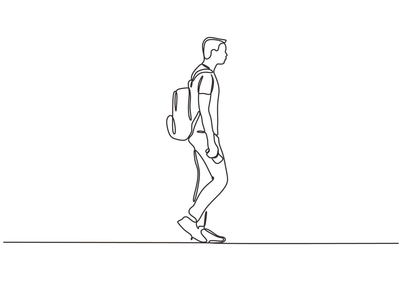 disegno continuo a una linea di un uomo che cammina per strada. concetto di persona del college studente con la borsa vettore