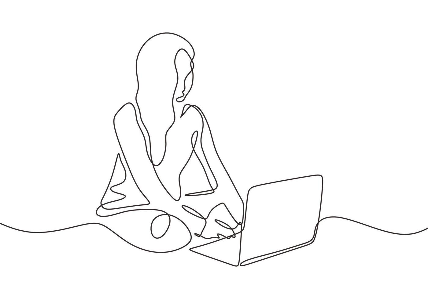 disegno continuo a una linea di una ragazza seduta con il laptop. donna casual che fa lavoro freelance a casa vettore