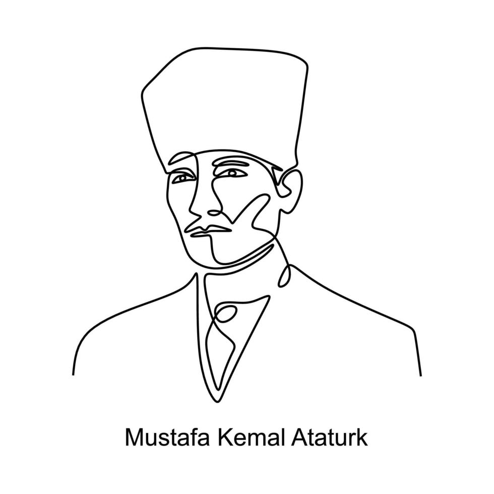 disegno continuo di una linea di mustafa kemal ataturk. feldmaresciallo turco, statista rivoluzionario, autore e fondatore della repubblica turca vettore