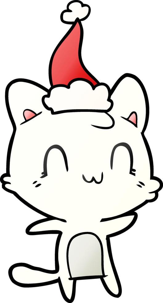 cartone animato sfumato di un gatto felice che indossa il cappello di Babbo Natale vettore