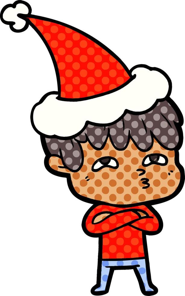 illustrazione in stile fumetto di un uomo curioso che indossa il cappello di Babbo Natale vettore