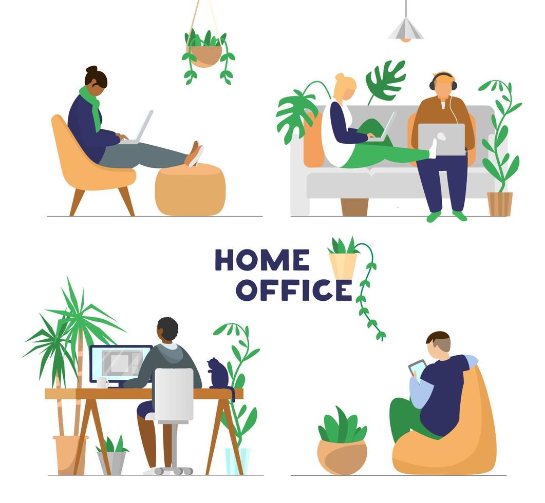 insieme di persone diverse che lavorano o studiano con laptop, computer, tablet da casa. concetto di ufficio a casa. illustrazione vettoriale piatta.