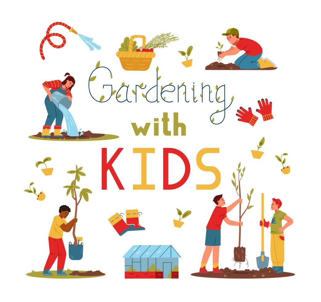 giardinaggio con banner vettoriale per bambini. bambini che piantano alberi, innaffiano, scavano, portano piantine.