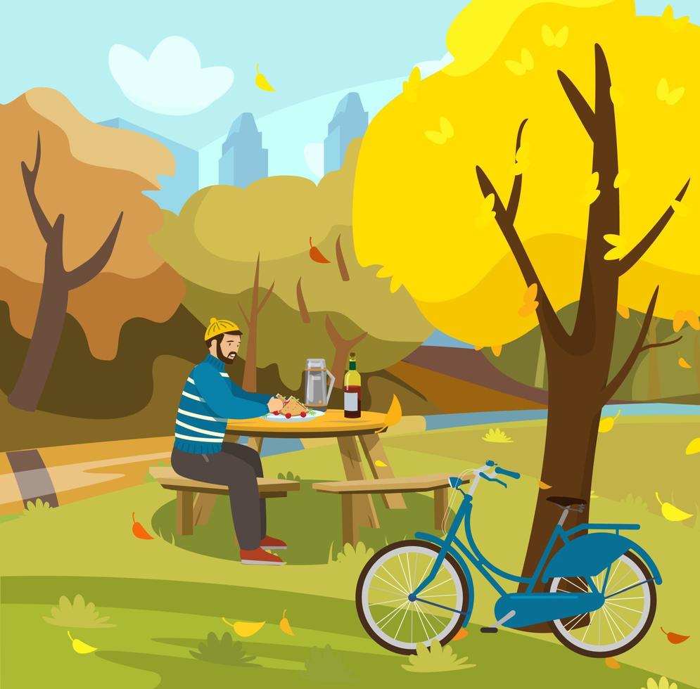 illustrazione vettoriale di un uomo che ha picnic nel parco autunnale. caduta nel parco cittadino. bici vicino all'albero. mangiare all'aperto. alberi gialli con foglie che cadono. vettore del fumetto.