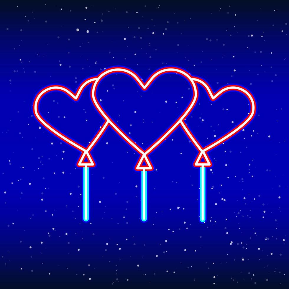 palloncini a cuore al neon. insegna al neon del pianeta retroilluminata. segno di cuore al neon rosso retrò. design romantico per buon San Valentino. pubblicità della luce notturna. industria vettoriale. vettore