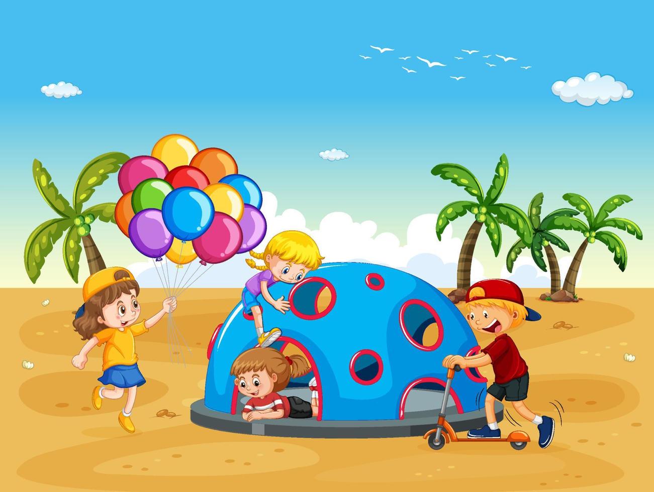 parco giochi sulla spiaggia con bambini felici vettore