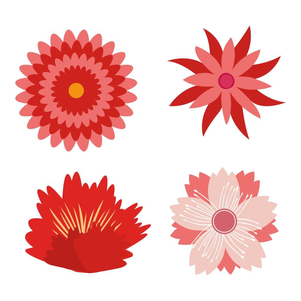 set di icone piatte di fiori di ciliegio rosso in silhouette isolato su bianco. simpatico design retrò in colori vivaci per adesivi, etichette, cartellini, carta da regalo vettore