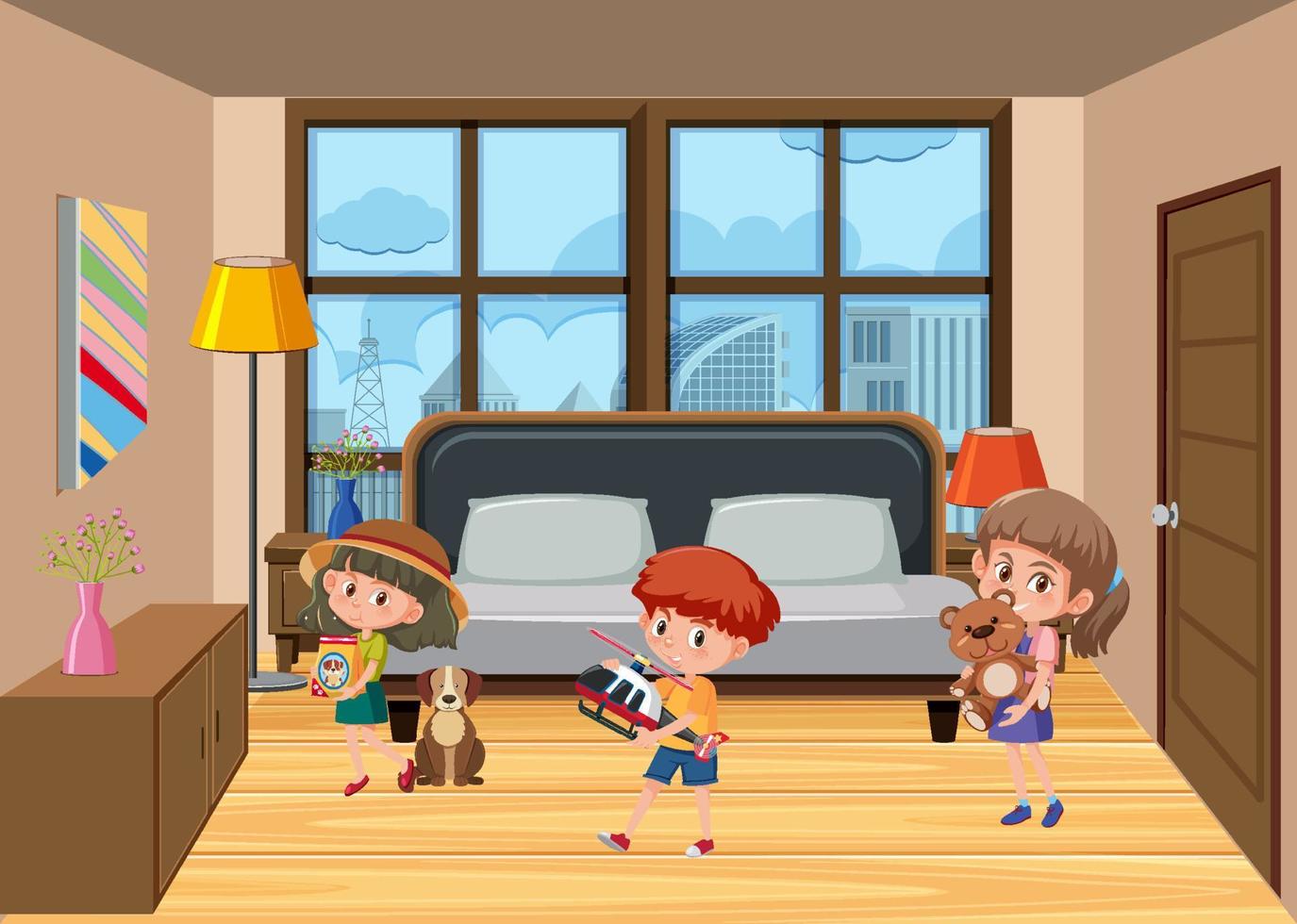 scena della camera da letto con il personaggio dei cartoni animati dei bambini vettore