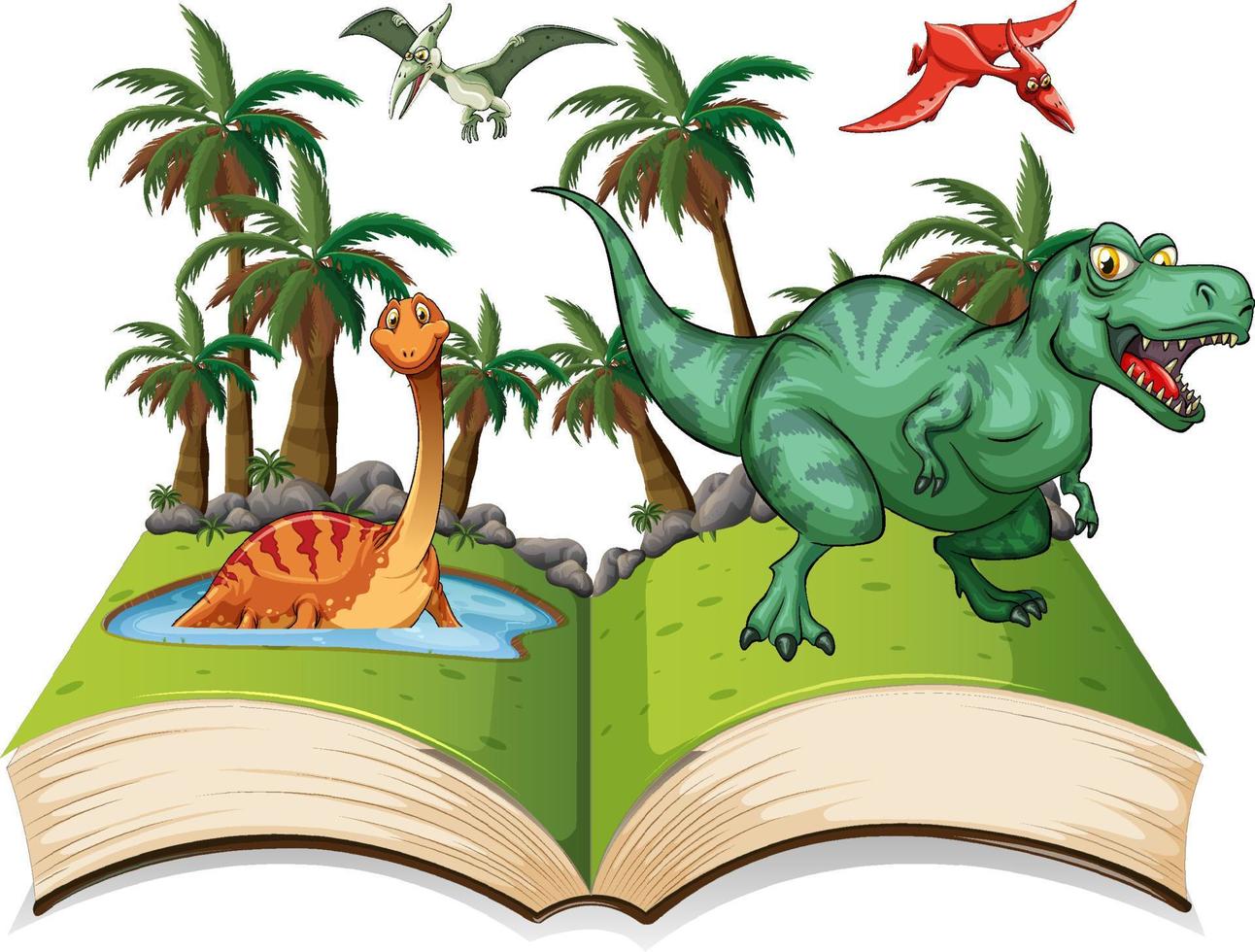 libro di fiabe con i dinosauri nella giungla vettore