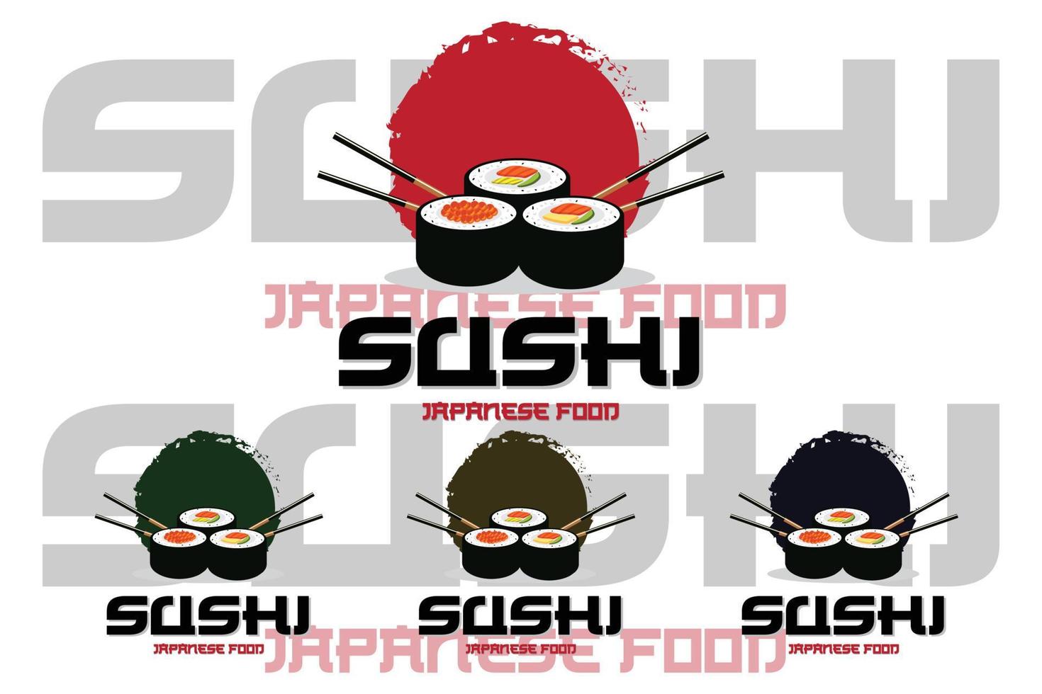 vettore di logo di cibo sushi giapponese, con una varietà di carne di pesce, design di sfondo adatto per adesivi, serigrafia, banner, flayer, aziende