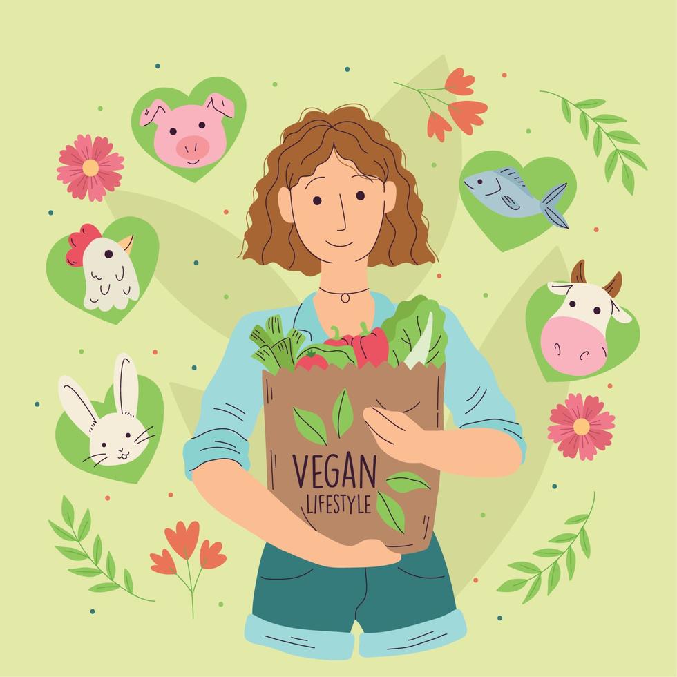 personaggio dei cartoni animati ragazza felice con un vettore di stile di vita vegano borsa di frutta e cestini