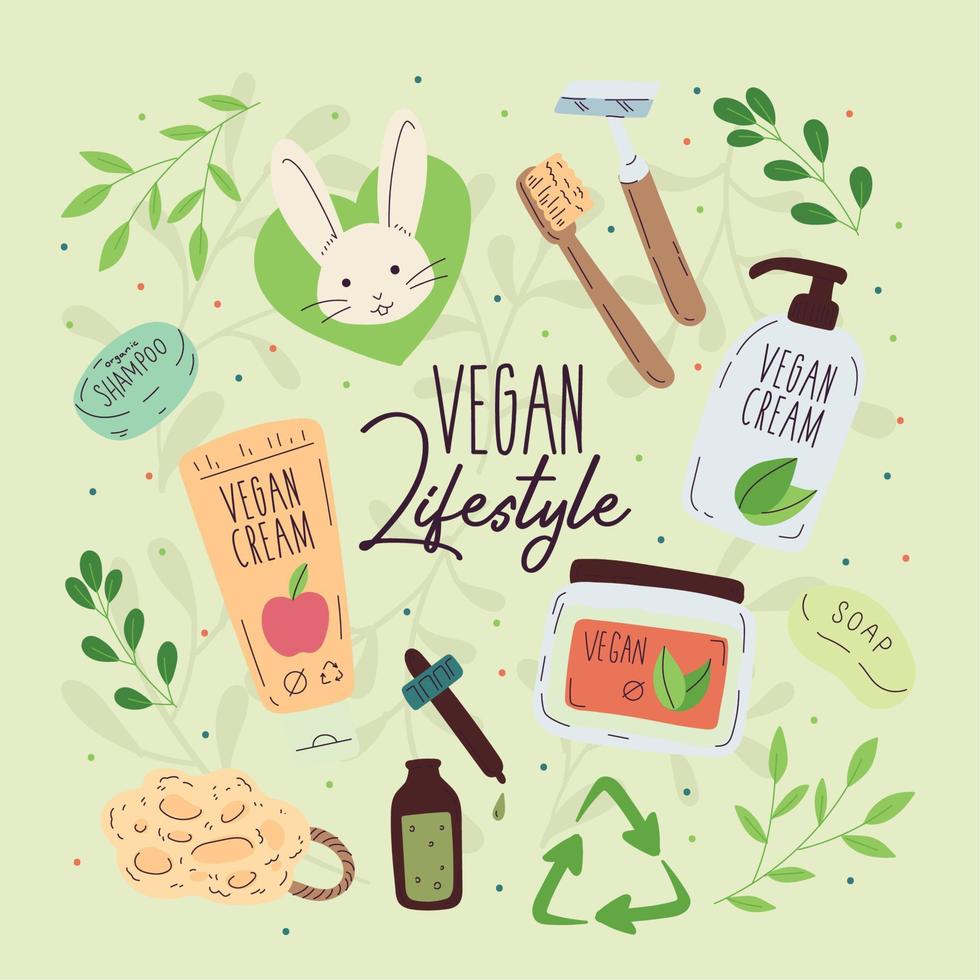 prodotti vegan legati alla bellezza prodotti riciclabili vettore di stile di vita vegano
