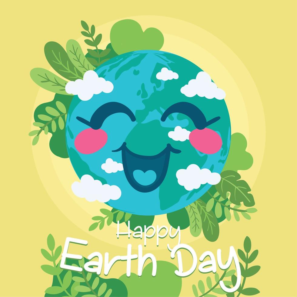 simpatico cartone animato pianeta terra con foglie naturali felice giorno della terra vettore