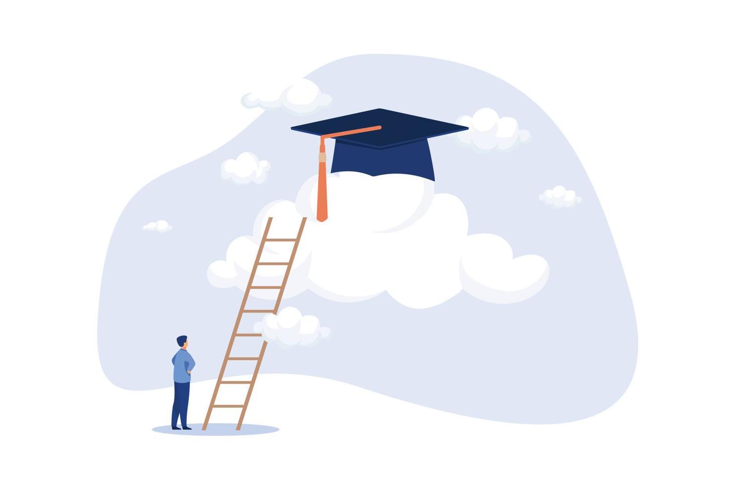 alta istruzione, costi e spese per laurearsi in concetto di istruzione di alto grado, tappo di laurea su nuvola alta con scala. illustrazione moderna design piatto vettore