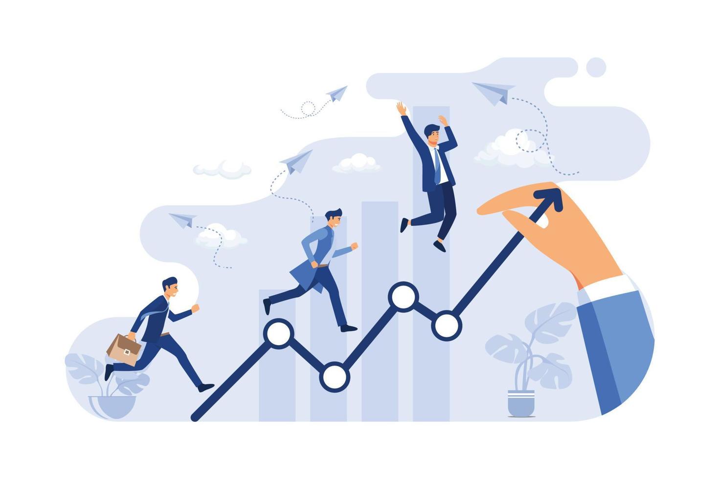 uomini d'affari che camminano sulla linea del grafico di aumento. diagramma di crescita del disegno a mano enorme. illustrazione vettoriale per addetti alle vendite, leadership, carriera, concetto di successo. illustrazione moderna design piatto