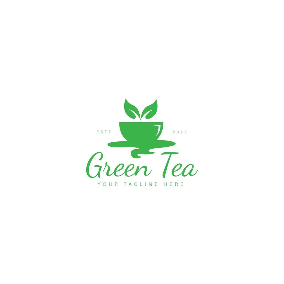 tazza di tè verde con foglie logo design icona illustrazione vettore