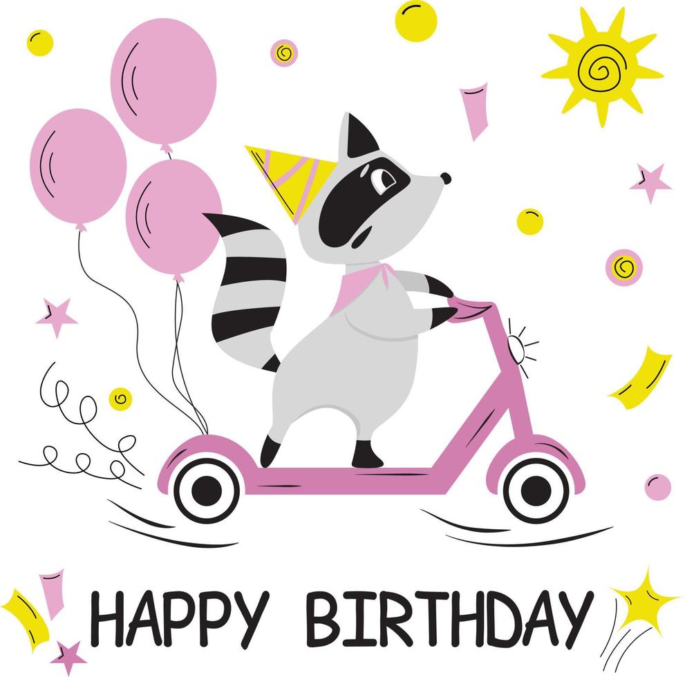 sfondo di compleanno, procione con un berretto guida uno scooter per strada con palloncini. illustrazione per biglietto di auguri o poster per bambini di compleanno in vettoriale. vettore