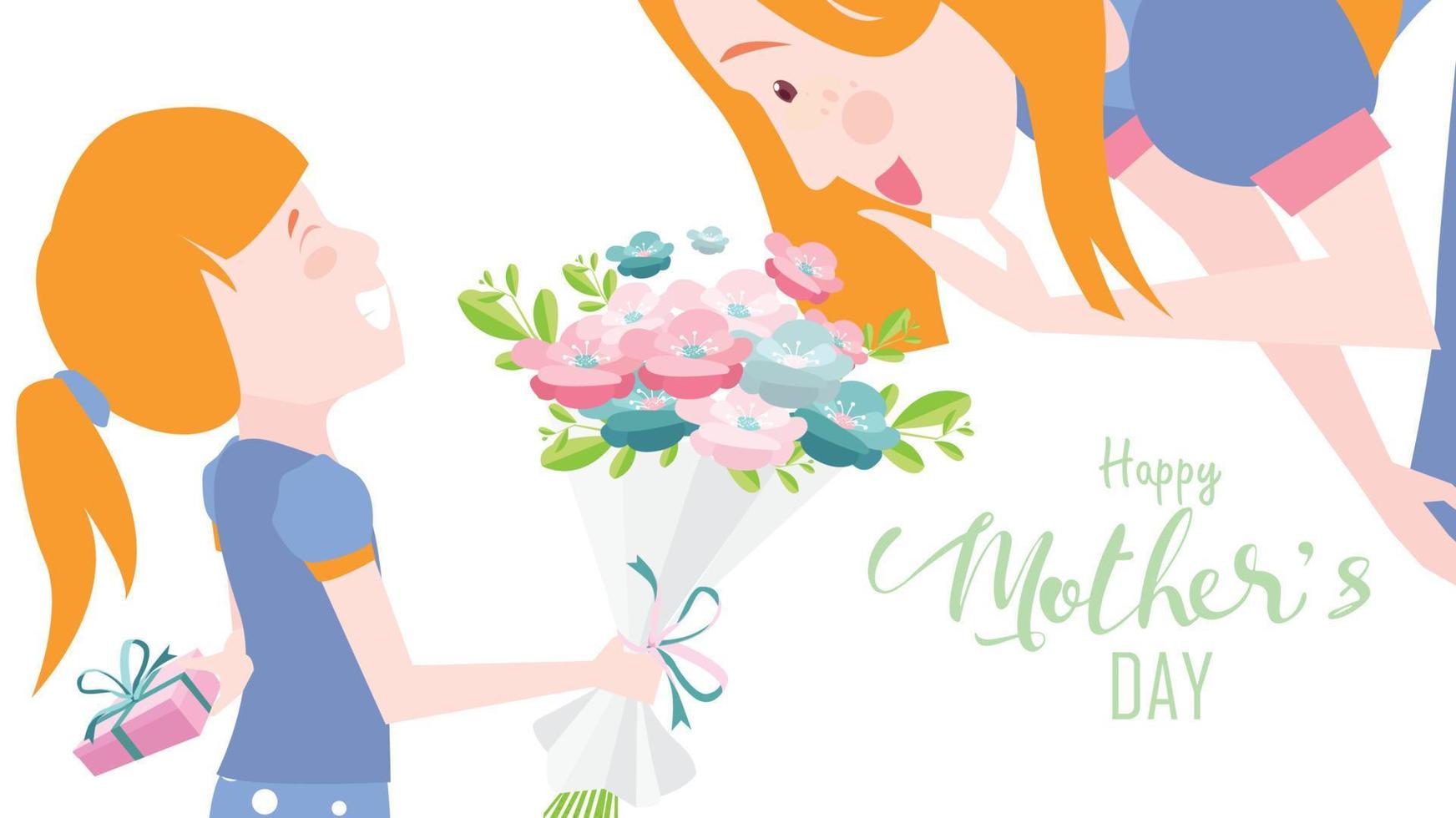 felice festa della mamma, la figlia del bambino si congratula con la mamma e regala ai suoi fiori i tulipani. mamma sorridente e sorprendente. stile design piatto illustrazione vettoriale colorato. stile cartone animato piatto. - vettore