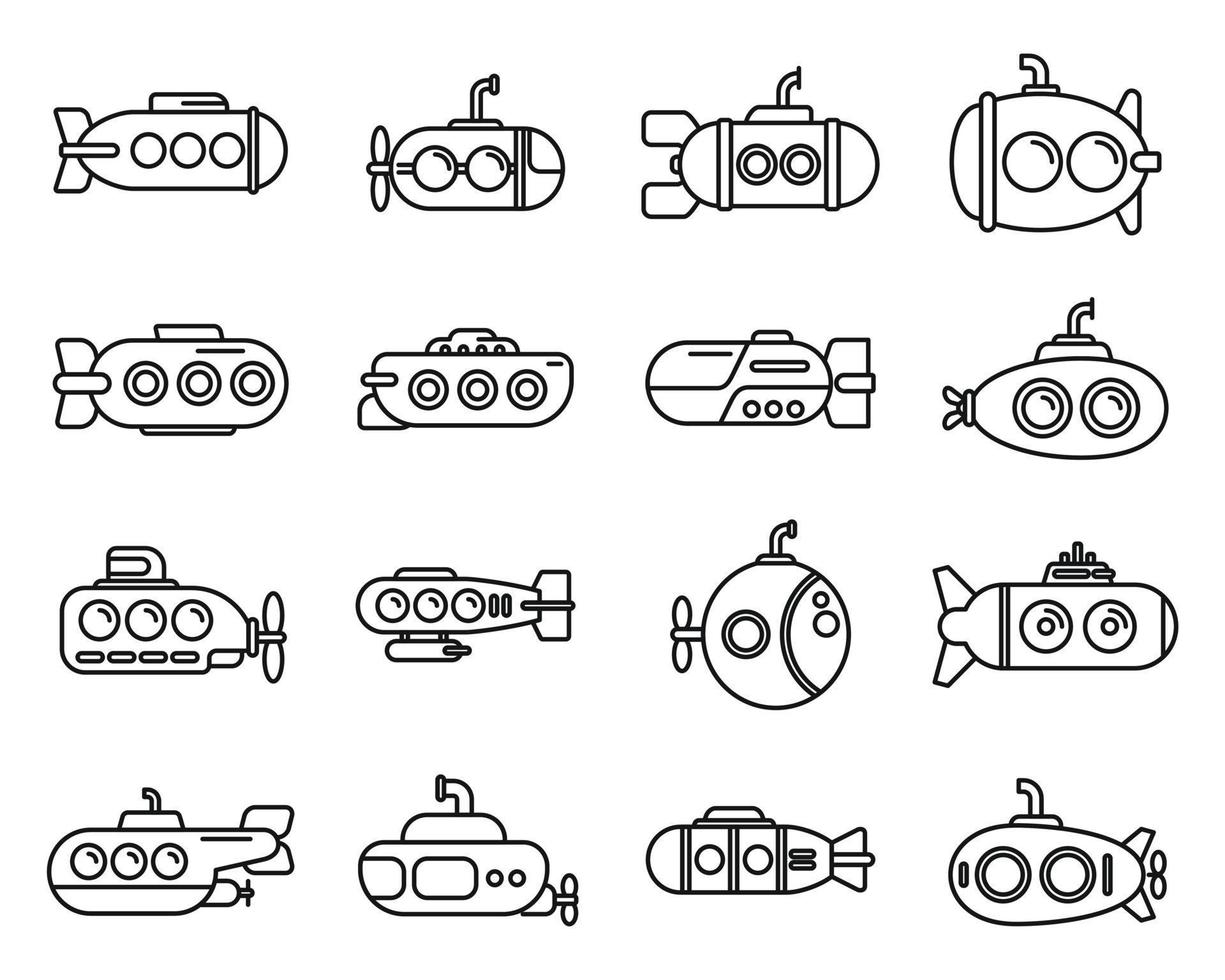 batiscafo set di icone vettore di contorno. sottomarino subacqueo