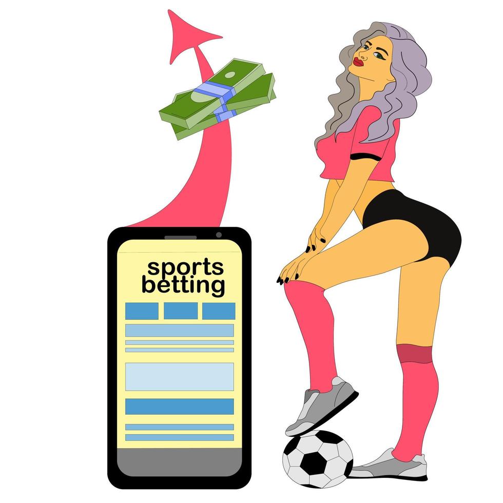 ritratto a figura intera di ragazza sportiva, giocatore di football femminile. cellulare con un'applicazione per le scommesse sportive online. denaro, aumento delle vincite. ufficio del bookmaker. vettore