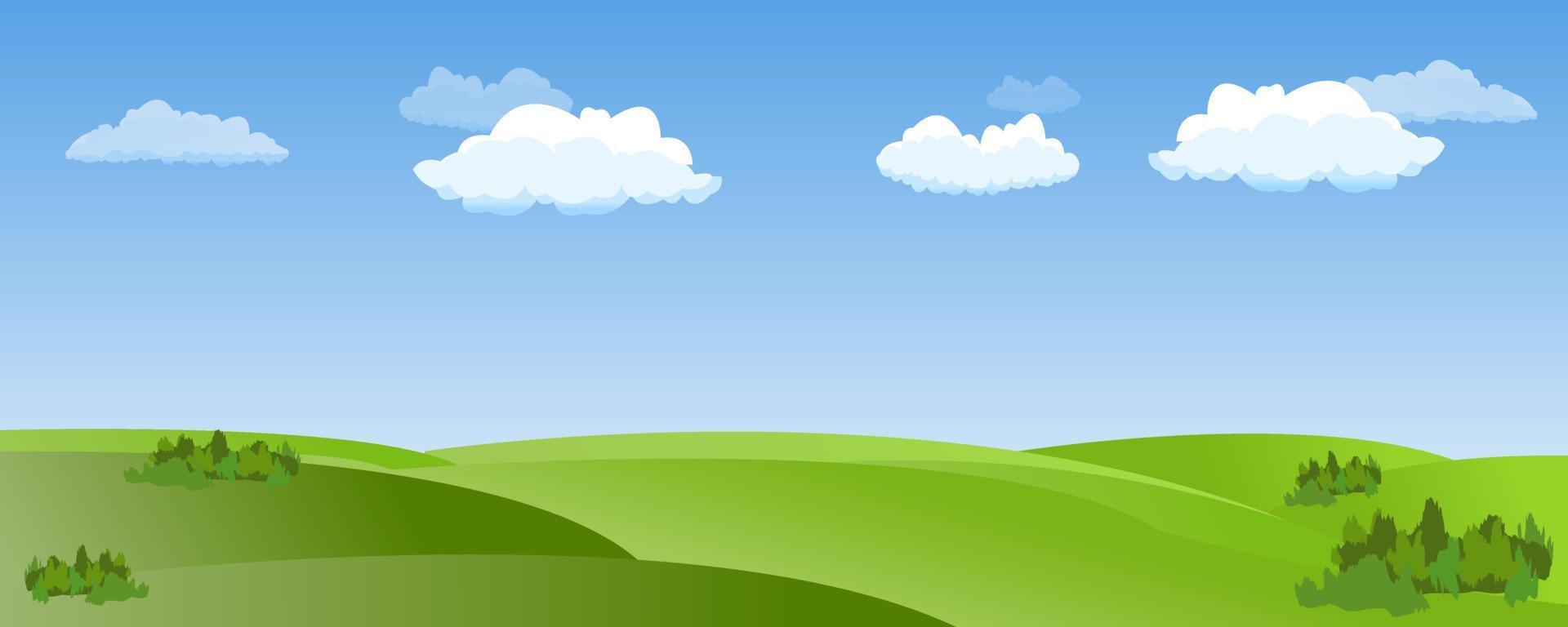 illustrazione vettoriale di bellissimi campi estivi paesaggio con un'alba, verdi colline, cielo blu di colore brillante