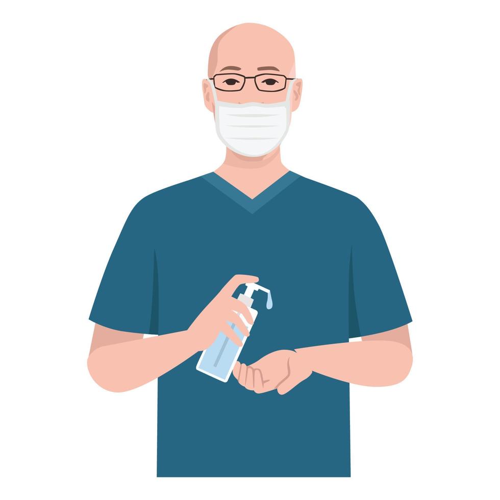 un uomo indossa una maschera e si lava le mani usando un disinfettante per le mani per prevenire la trasmissione del coronavirus vettore