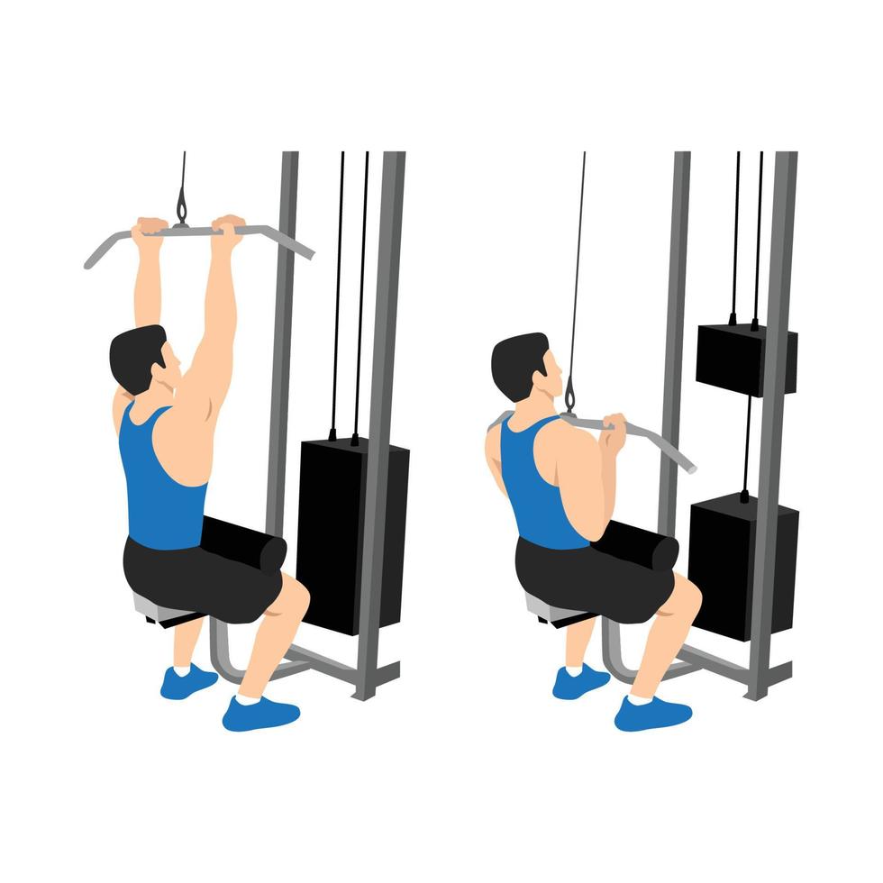 uomo che fa una stretta presa lat pulldown illustrazione vettoriale piatta isolata su sfondo bianco