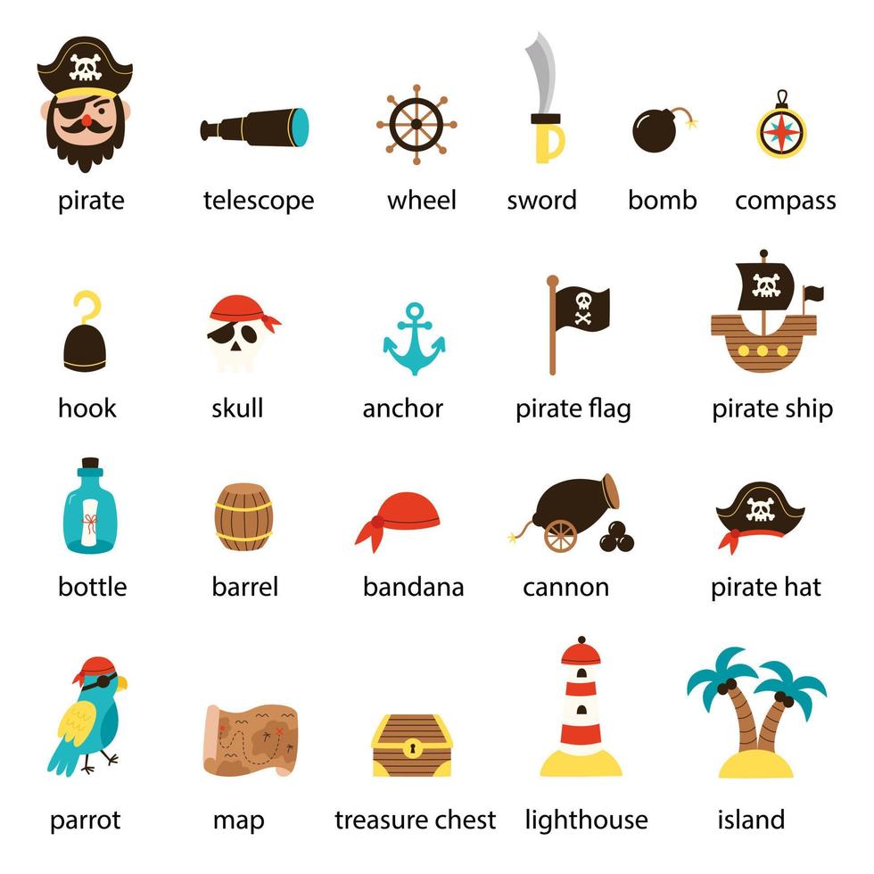 set di elementi dei pirati dei cartoni animati con nomi. vettore