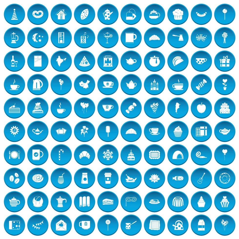 100 icone di tea party impostate in blu vettore