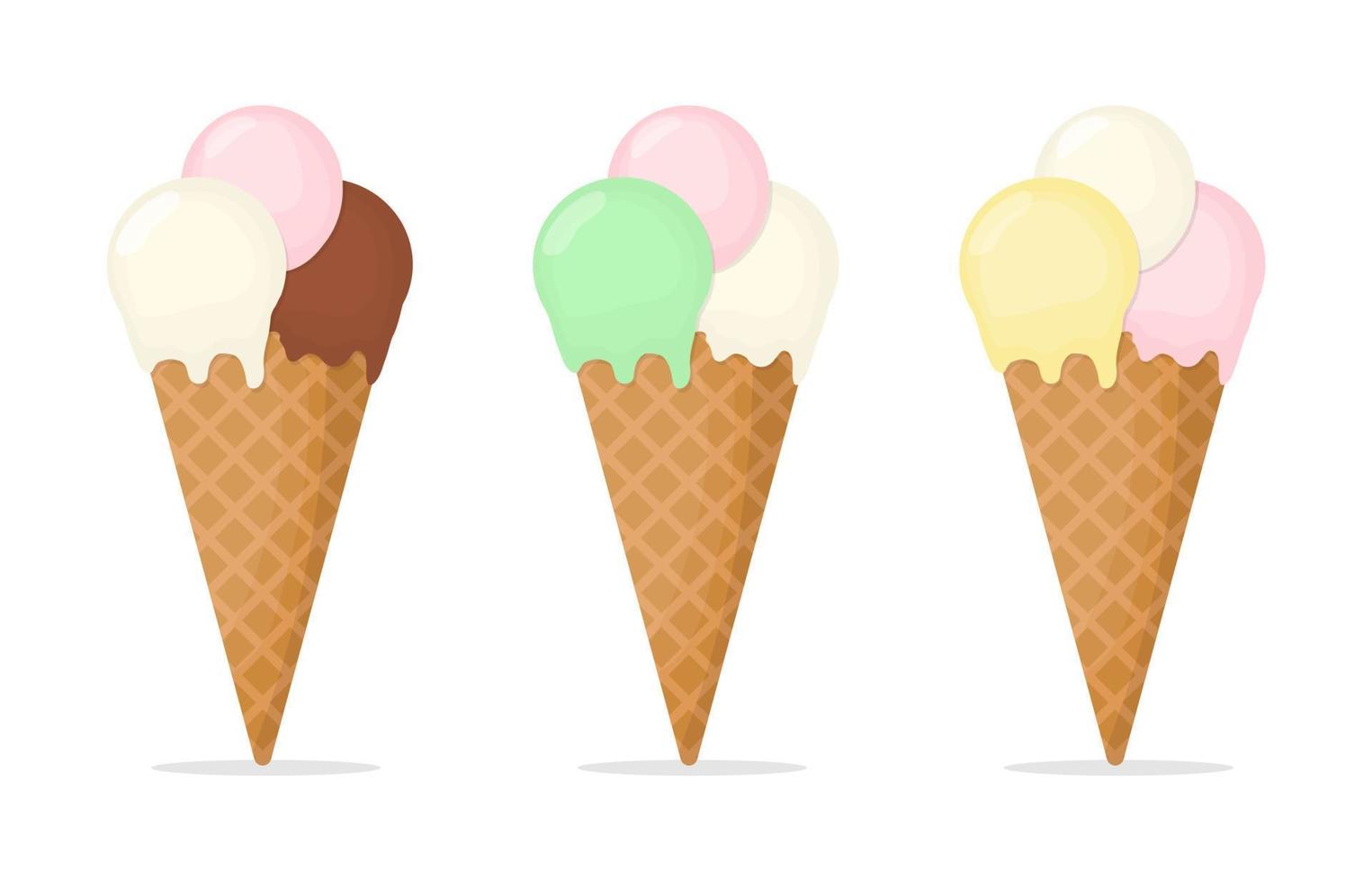 gelato multicolore in un set di coni vettore
