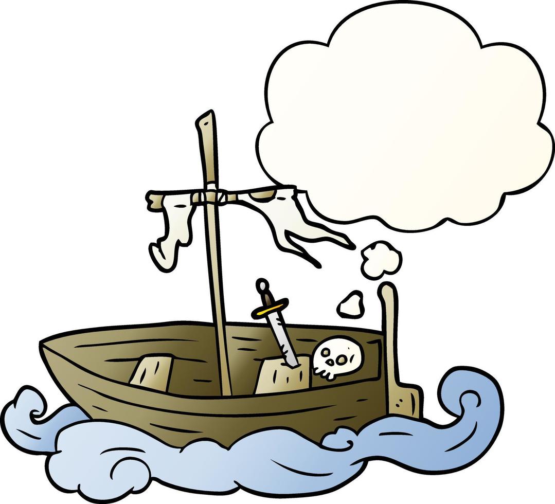 cartone animato vecchia barca e bolla di pensiero in stile sfumato liscio vettore