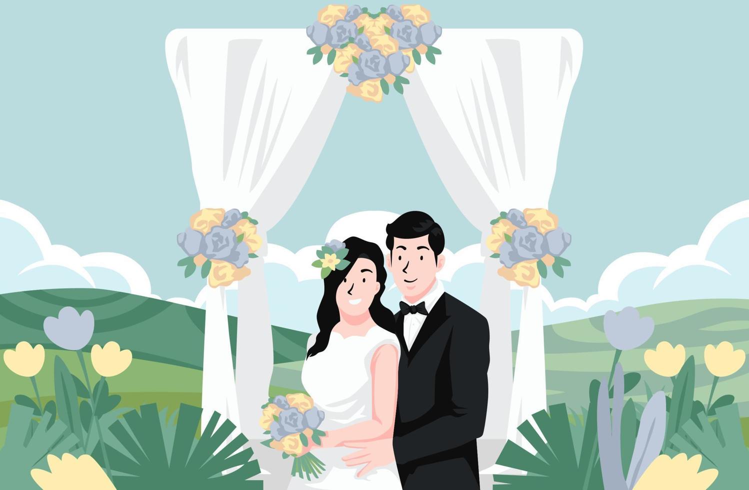 matrimonio colorato giorno sposa e sposo coppia cerimonia di matrimonio con paesaggio collinare e paesaggio illustrazione vettoriale